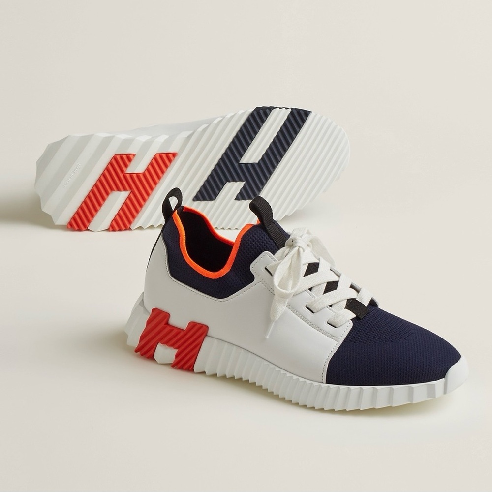 Hermes Depart Bouncing Men's Knit Leather Trainers in White, Blue, Orange